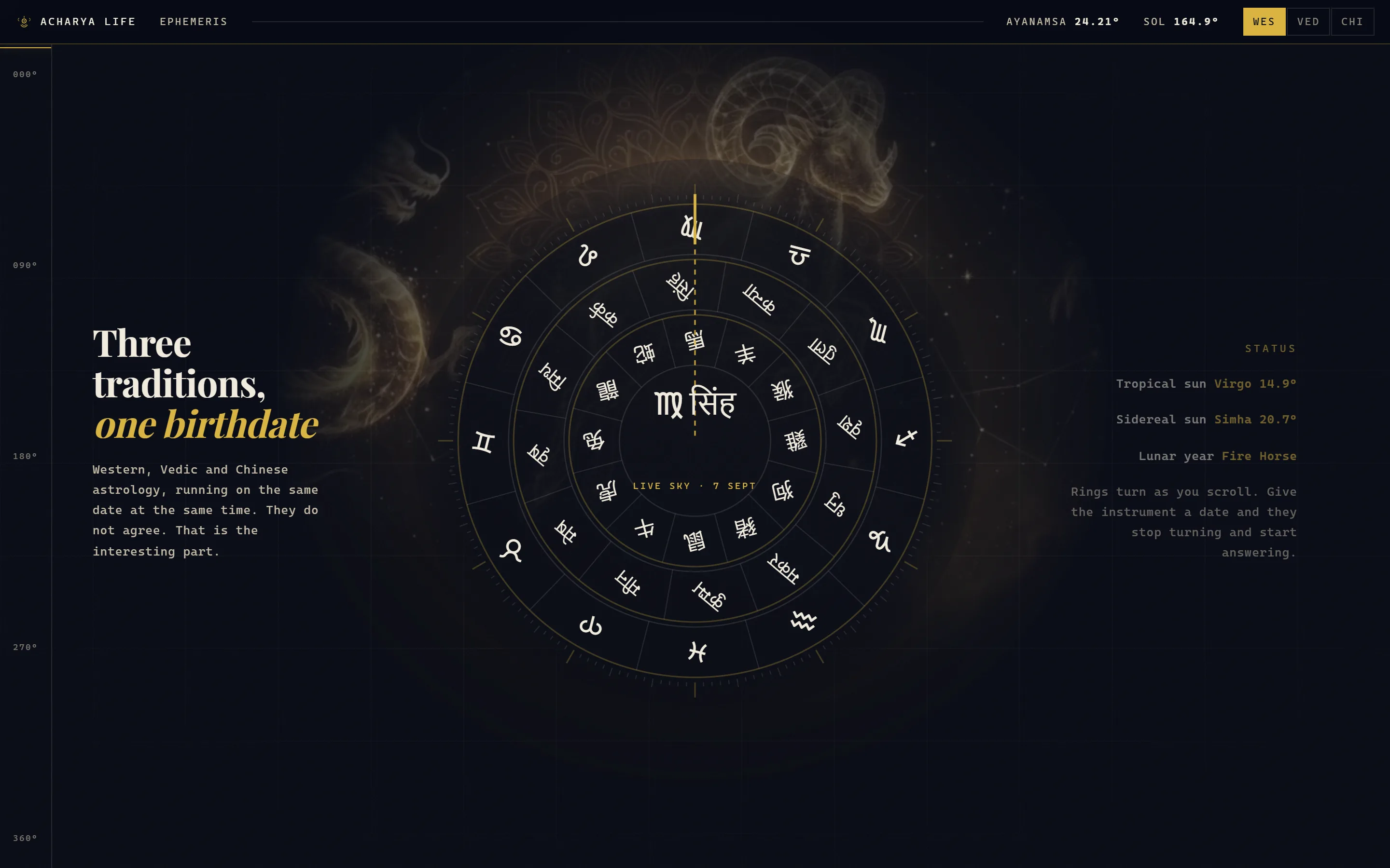 The concept's opening screen: three concentric zodiac rings in gold over a night sky, the headline 'Three traditions, one birthdate', and an instrument status rail reading ayanamsa 24.21°.