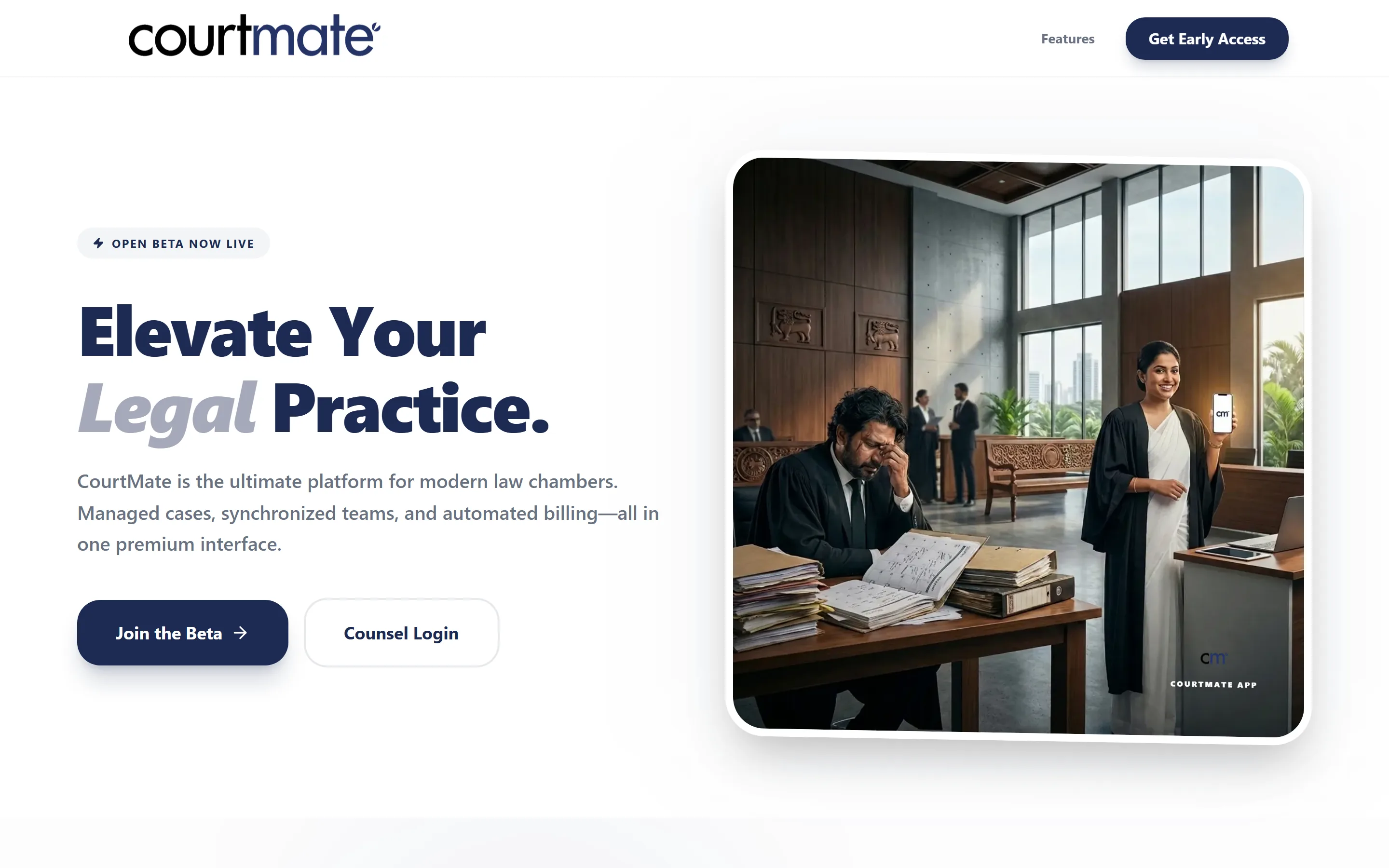 The live CourtMate homepage: an 'Open Beta Now Live' badge, the headline 'Elevate Your Legal Practice', and Join the Beta and Counsel Login buttons.