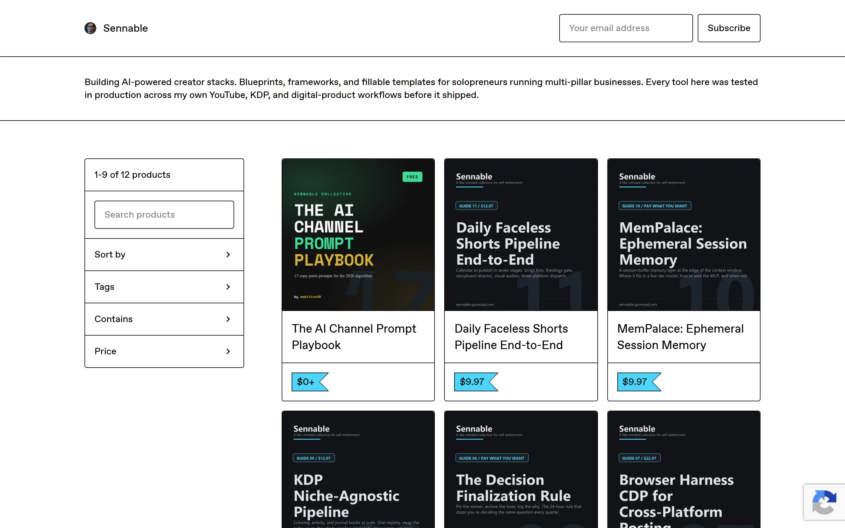 The live Sennable Gumroad storefront showing the product grid.
