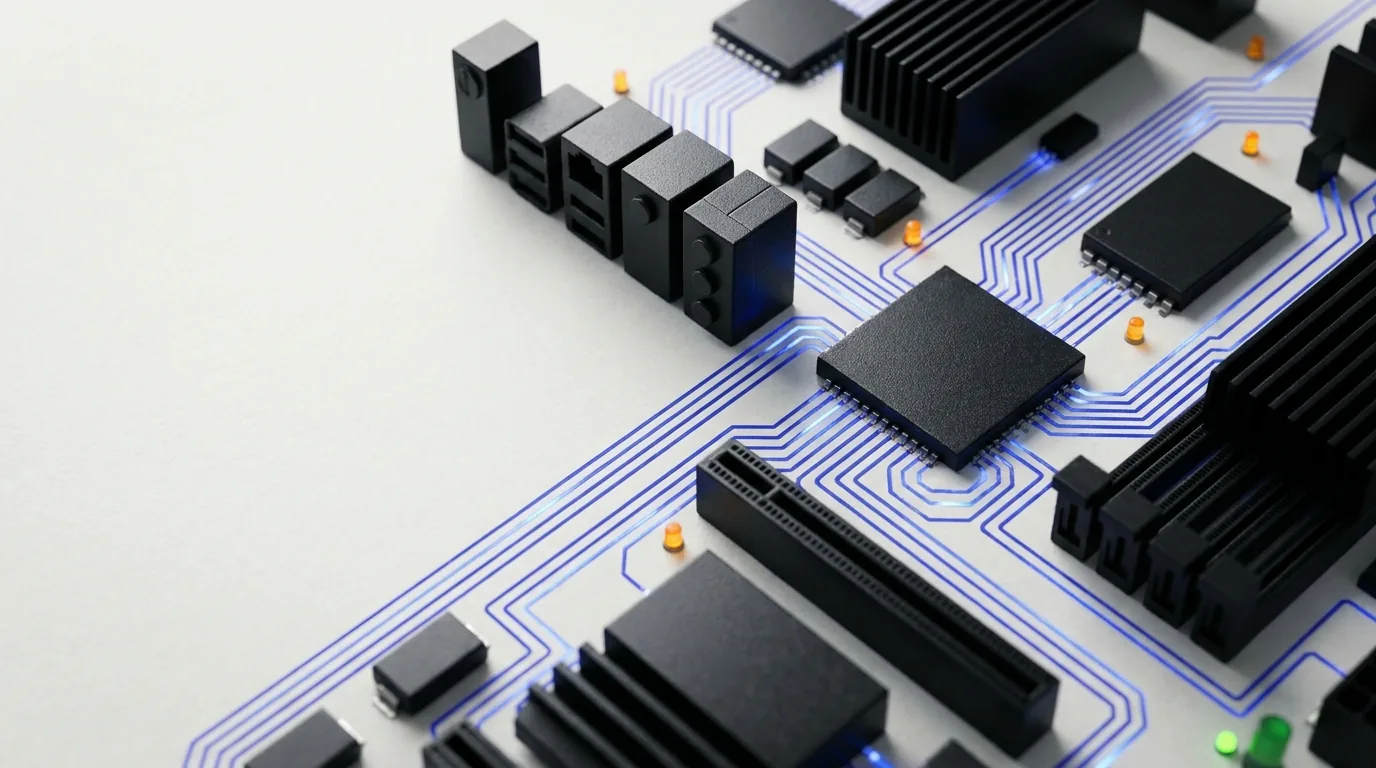 An abstract macro image of a circuit board with fine blue traces carrying light and small amber indicators, rendered in the site's palette.