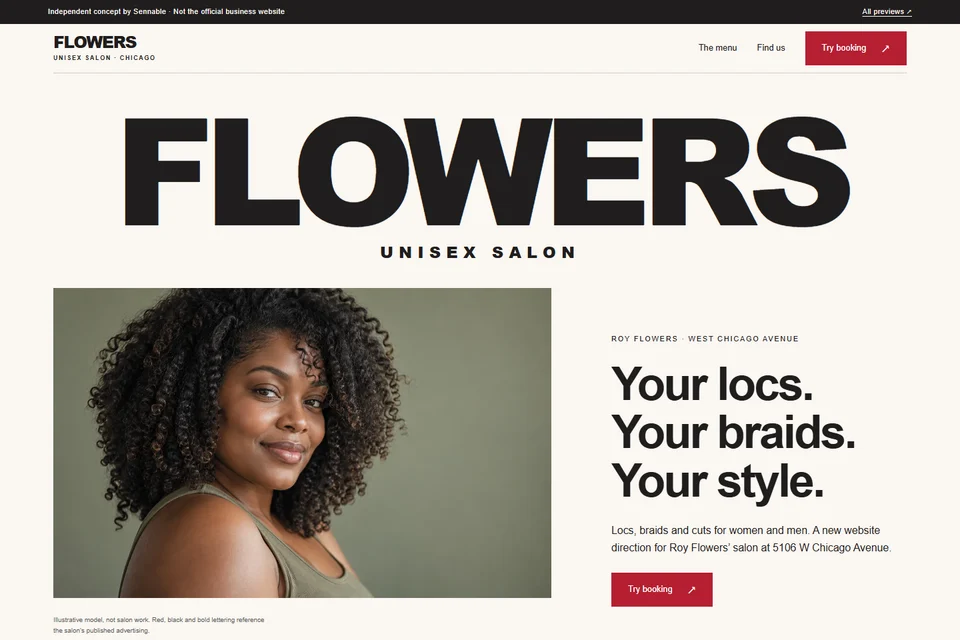 Website preview of the Flowers Unisex Salon concept