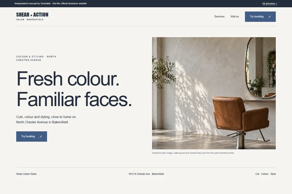 Website preview of the Shear Action Salon concept
